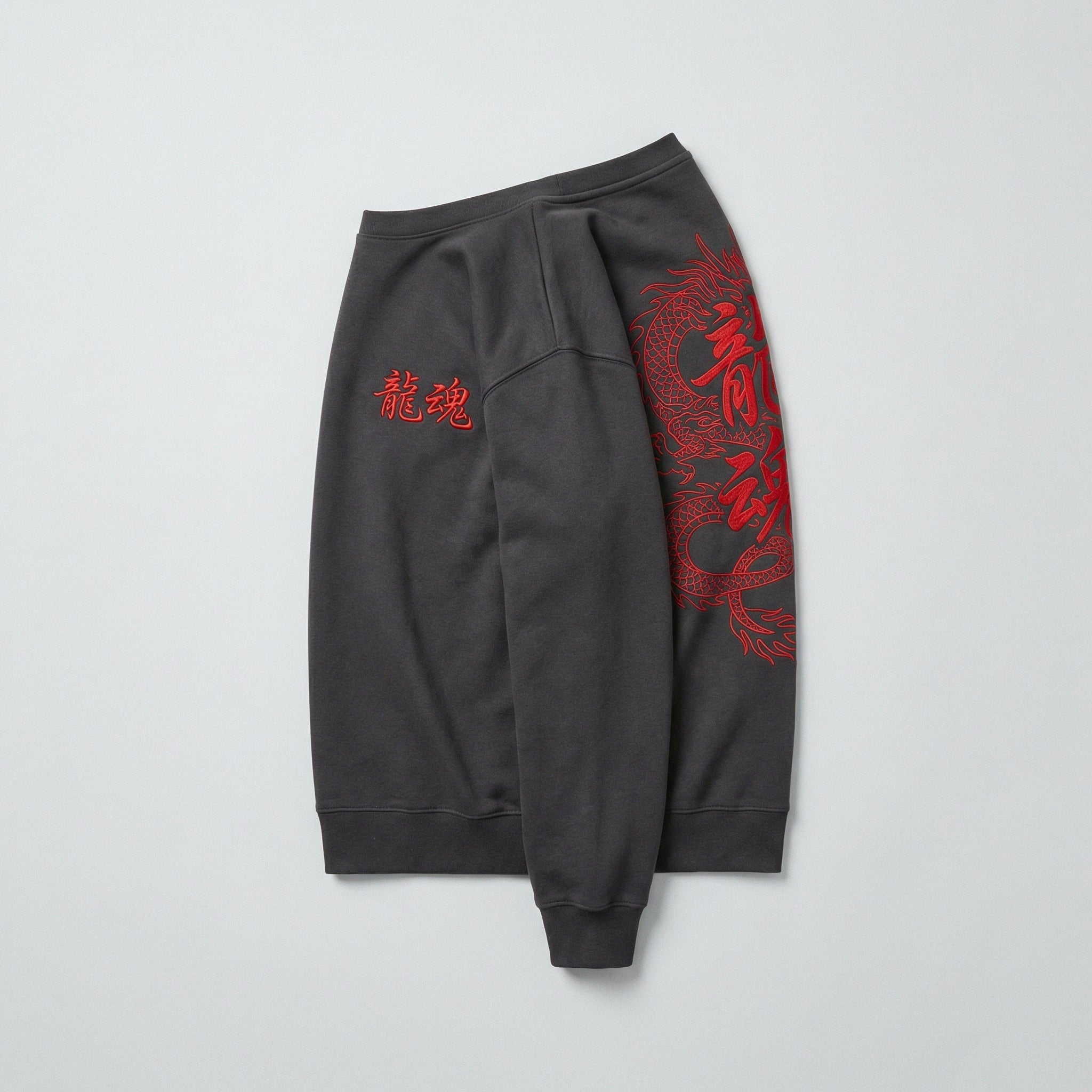 Gray Shadow Sovereign long sleeve flat lay, red embroidery