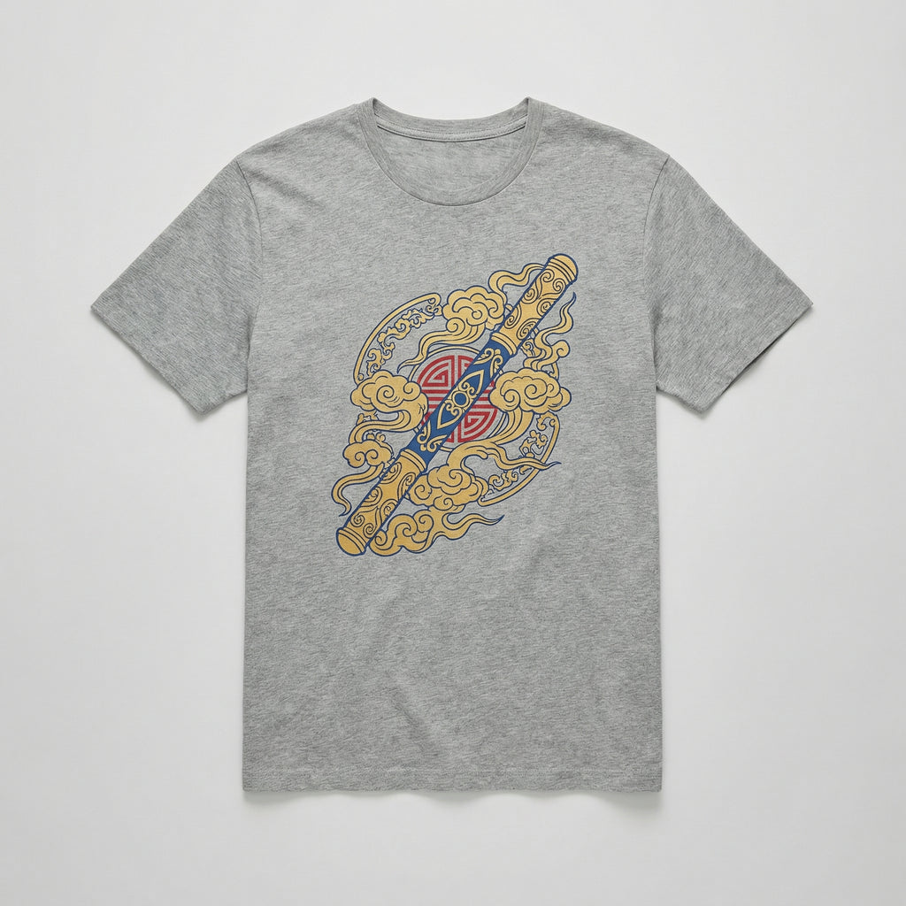 Gray heather t-shirt with Golden Cudgel and Battle Cloud print flat lay