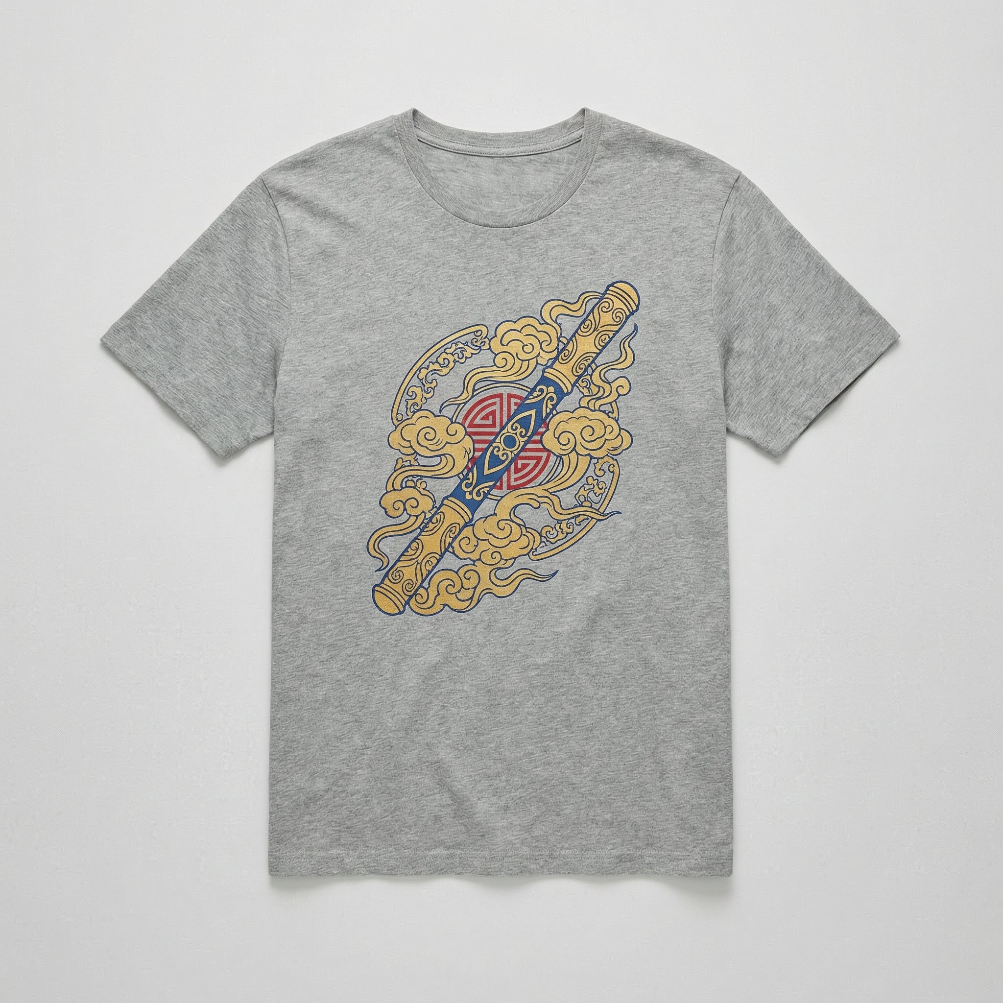 Gray heather t-shirt with Golden Cudgel and Battle Cloud print flat lay