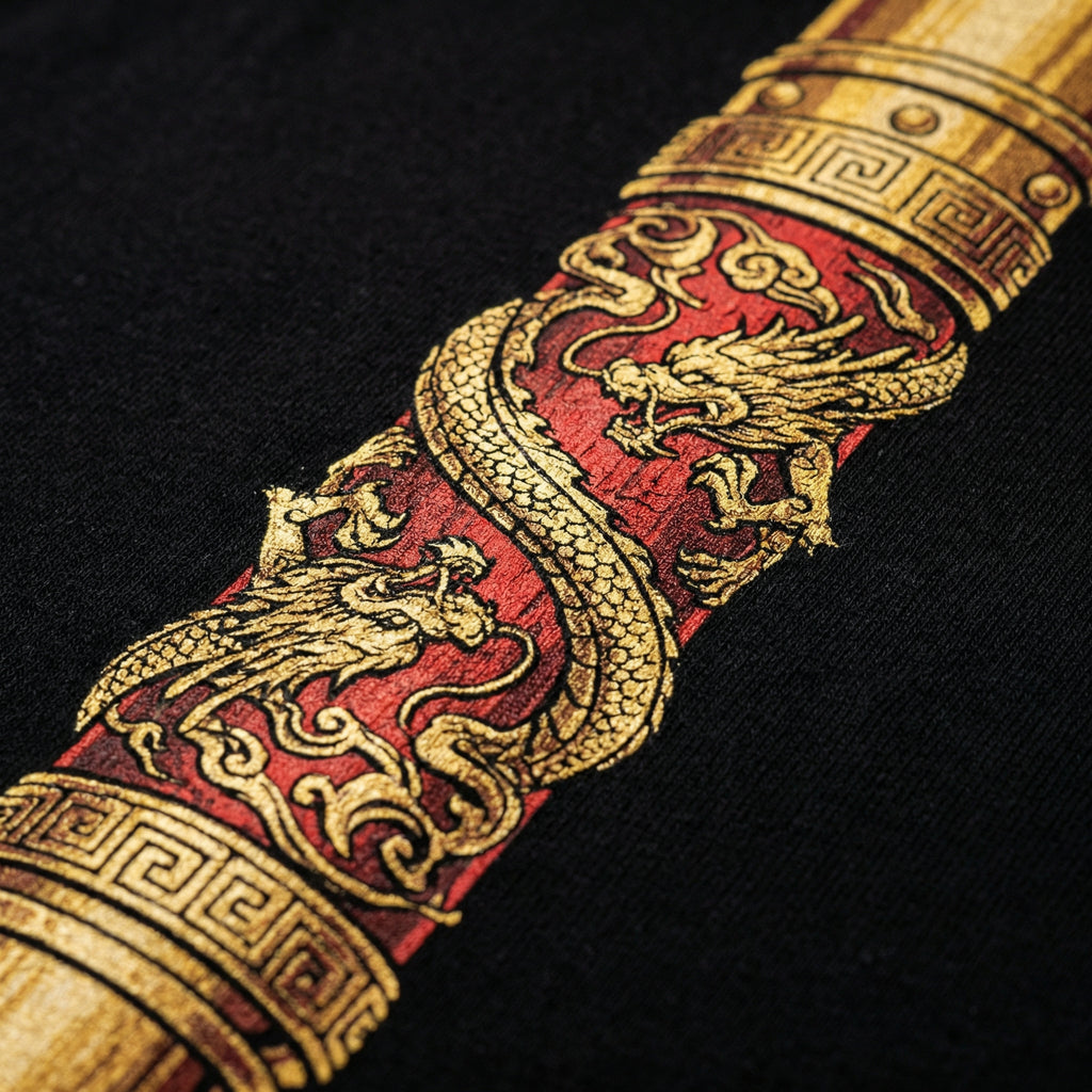 Golden Cudgel staff graphic detail on black tee, red and gold print