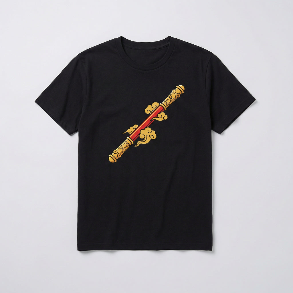 Black Sun Wukong Golden Cudgel tee flat lay, gold red staff graphic print