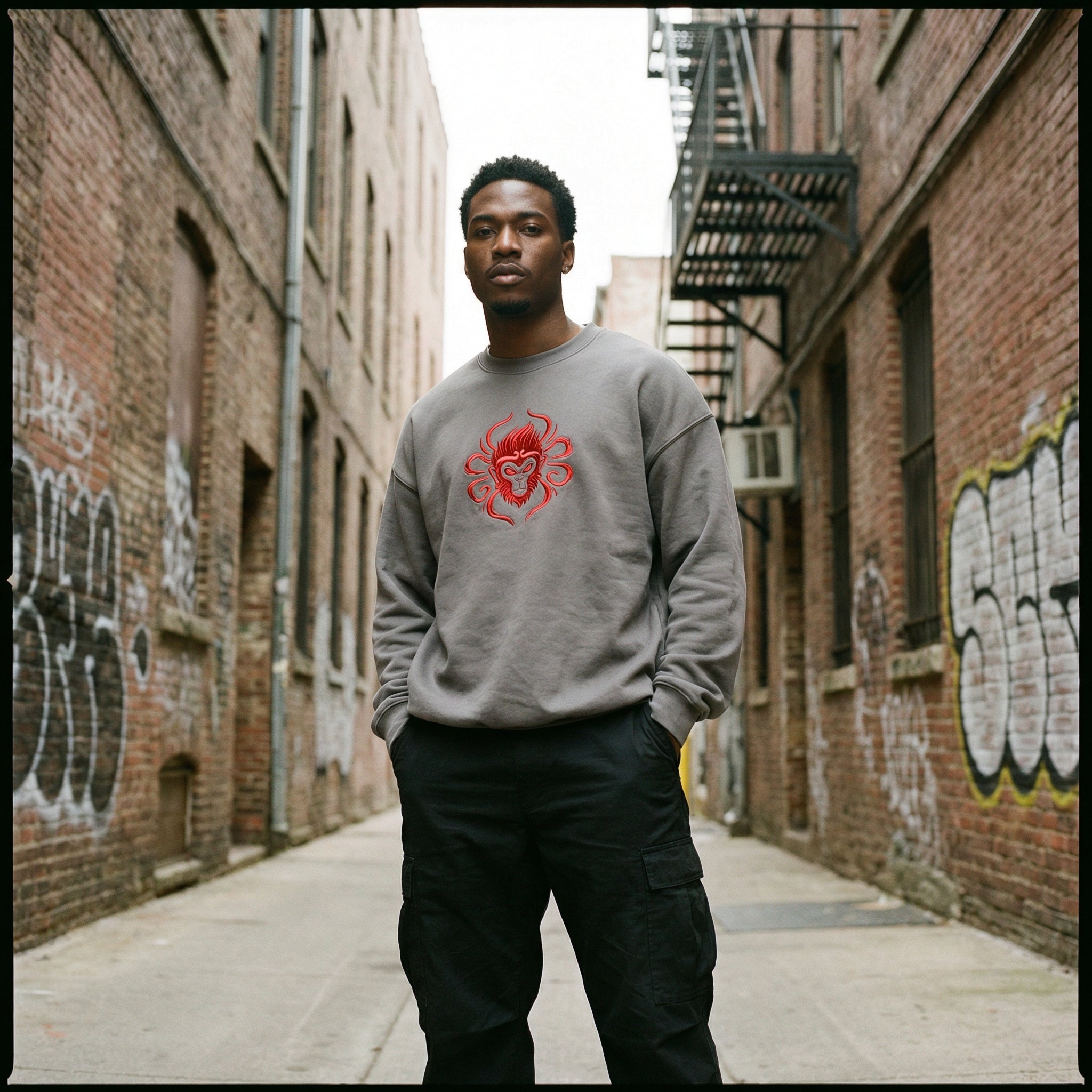 Black male model wearing Shadow Sovereign Jinti Gray long sleeve sweatshirt